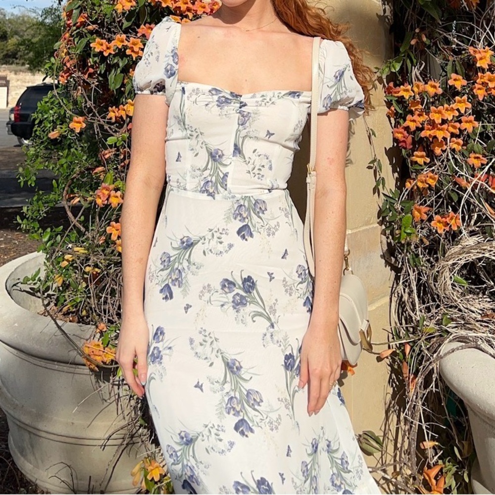 Reformation White Maxi Dress with Blue Floral Print